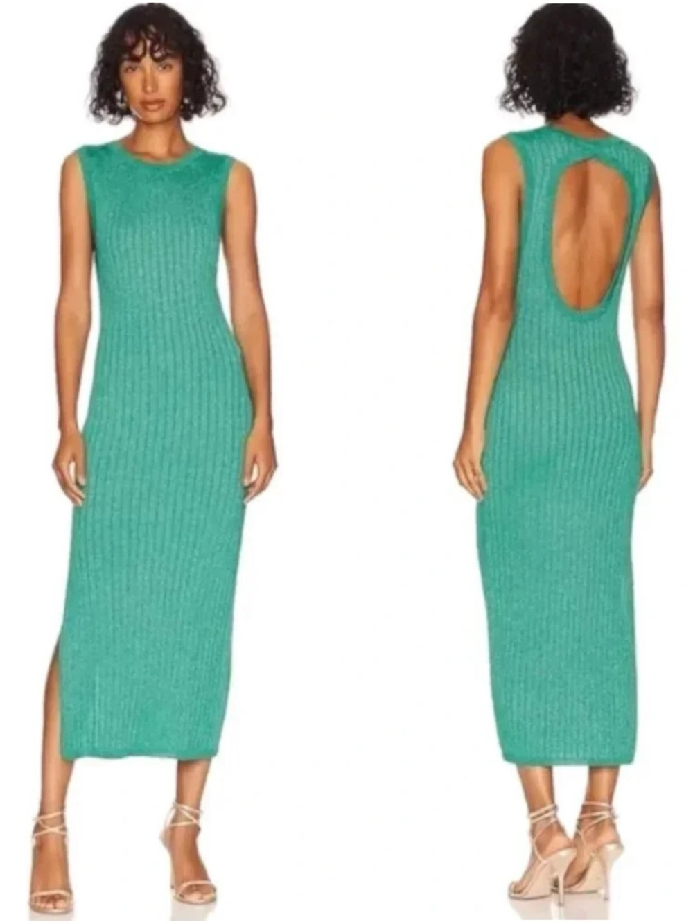 NWT HOUSE OF HARLOW 1960 Metallic Glitter Cotton Green Cut Out Ribbed Knit Dress